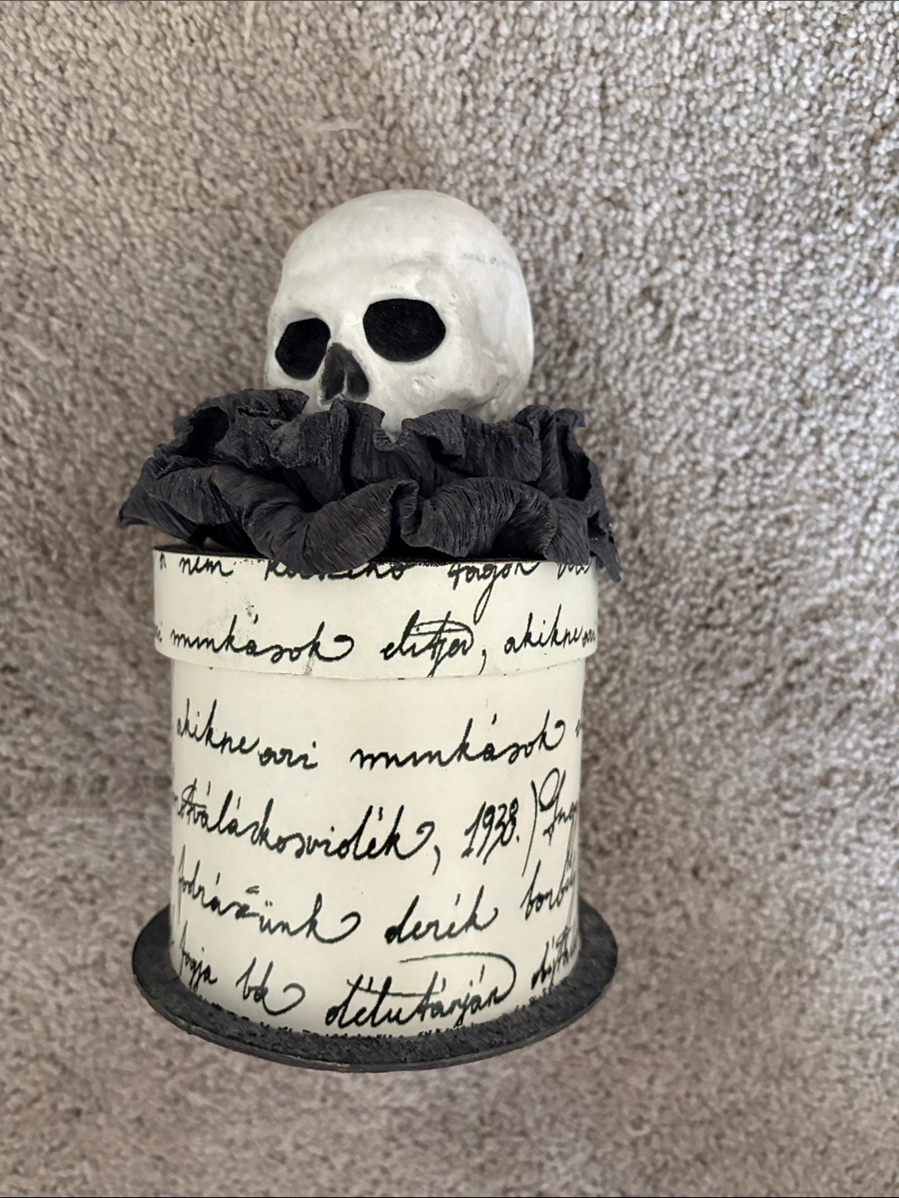 Handmade Skull Keepsake Box with Script Design - White & Black